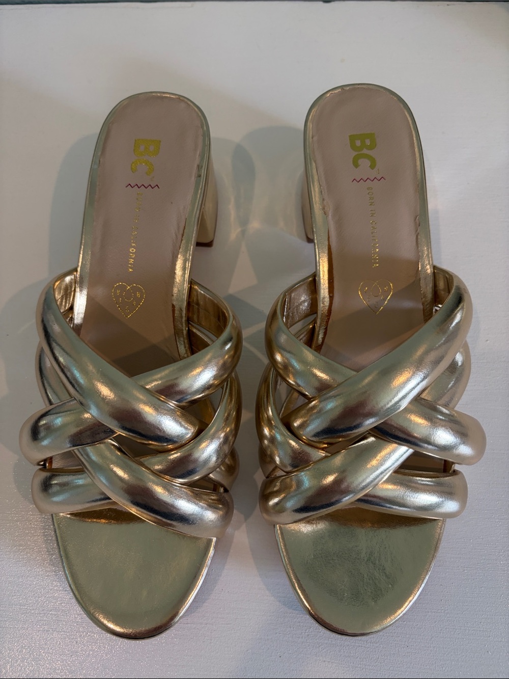 New BC Gold Braided Block Heel Sandals - Women's Slide Heels US WM 8.5
